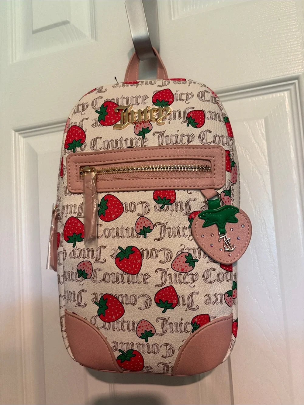 BNWT JUICY COUTURE White & Pink Strawberry Print Mini Sling Backpack